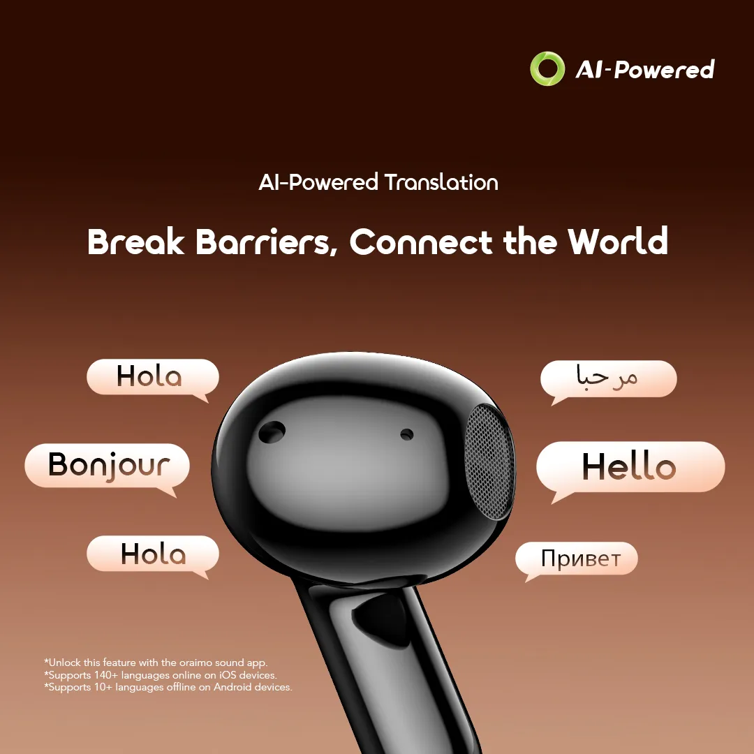 Oraimo SpaceBuds Air 2 — 50h d'autonomie | Traduction IA | Audio Sound360 | IPX4 | Livraison Gabon | Kadmarket
